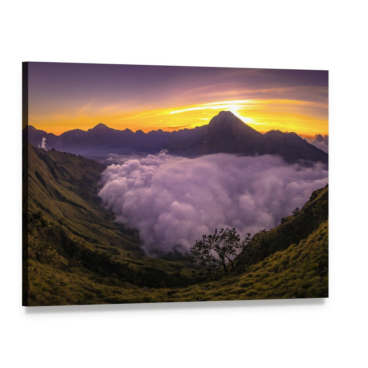 Sunset Mountain Valley with Foreground Tree Canvas Wall Art, single panel gallery wrapped canvas, angled product view