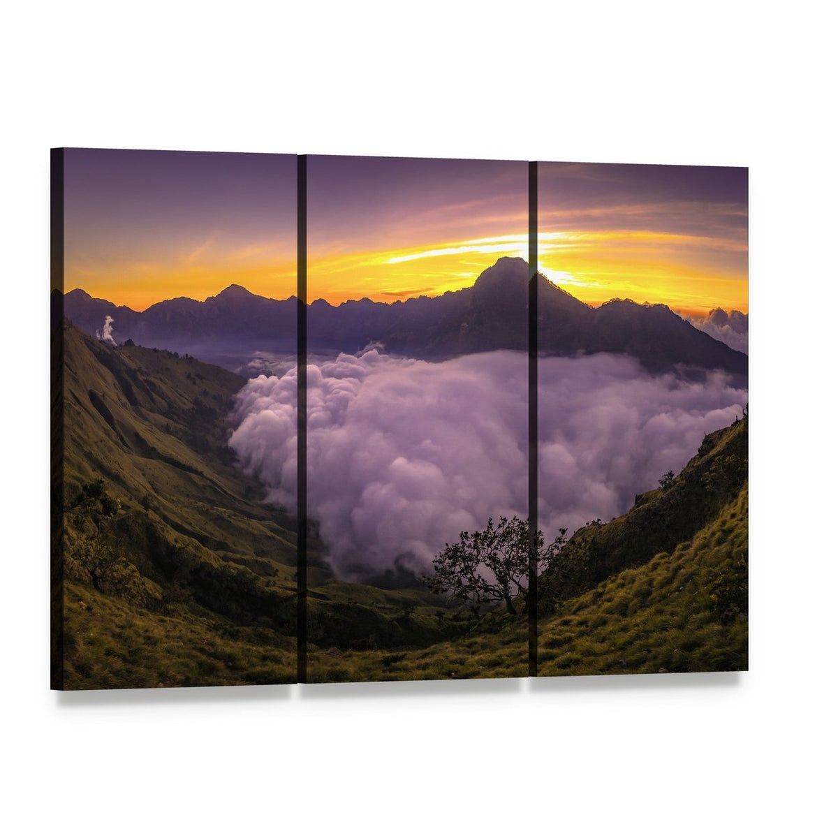 Sunset Mountain Valley with Foreground Tree Canvas Wall Art, 3 panel 3 Horizontal layout gallery wrapped canvas set, angled product view
