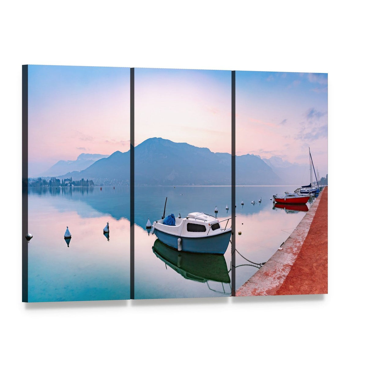 Annecy Lake Sunrise with White Boat Canvas Wall Art, 3 panel 3 Horizontal layout gallery wrapped canvas set, angled product view