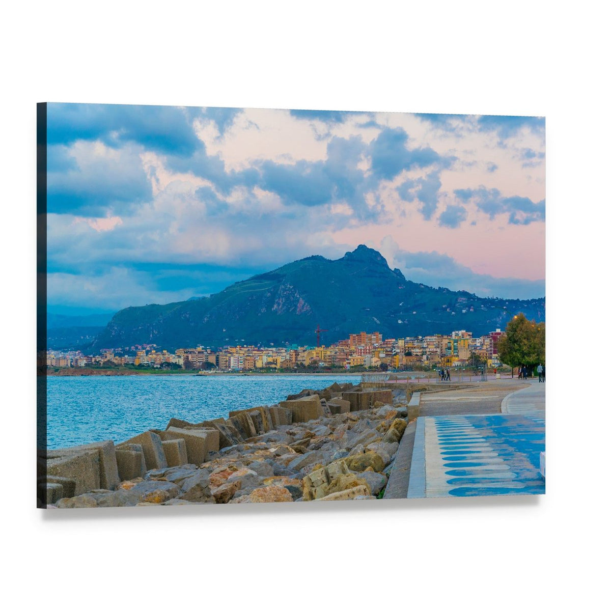 Seaside View of an Italian Coastal Town Canvas Wall Art, single panel gallery wrapped canvas, angled product view