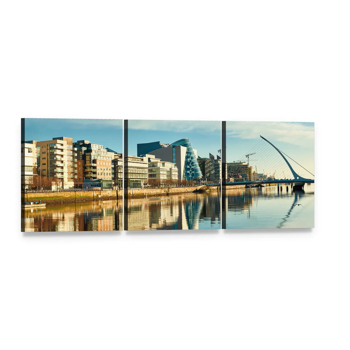 Samuel Beckett Bridge and River Liffey Dublin Panoramic Canvas Wall Art, 3 panel 3 Piece layout gallery wrapped canvas set, angled product view
