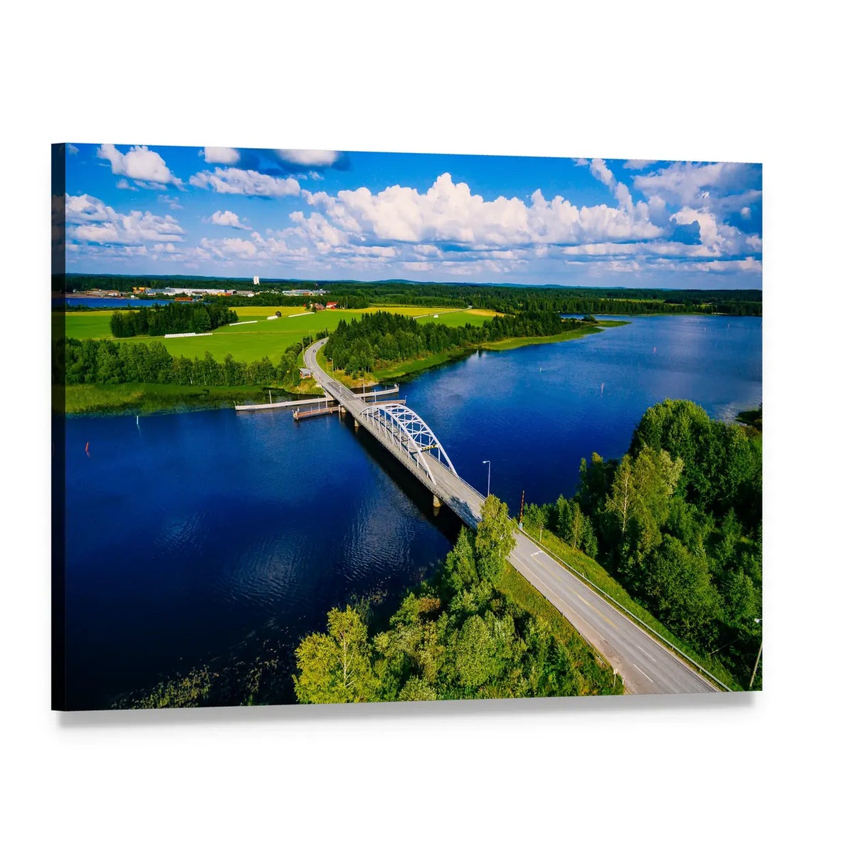 White Arched Bridge Over Blue Lake Finland Canvas Wall Art, single panel gallery wrapped canvas, angled product view
