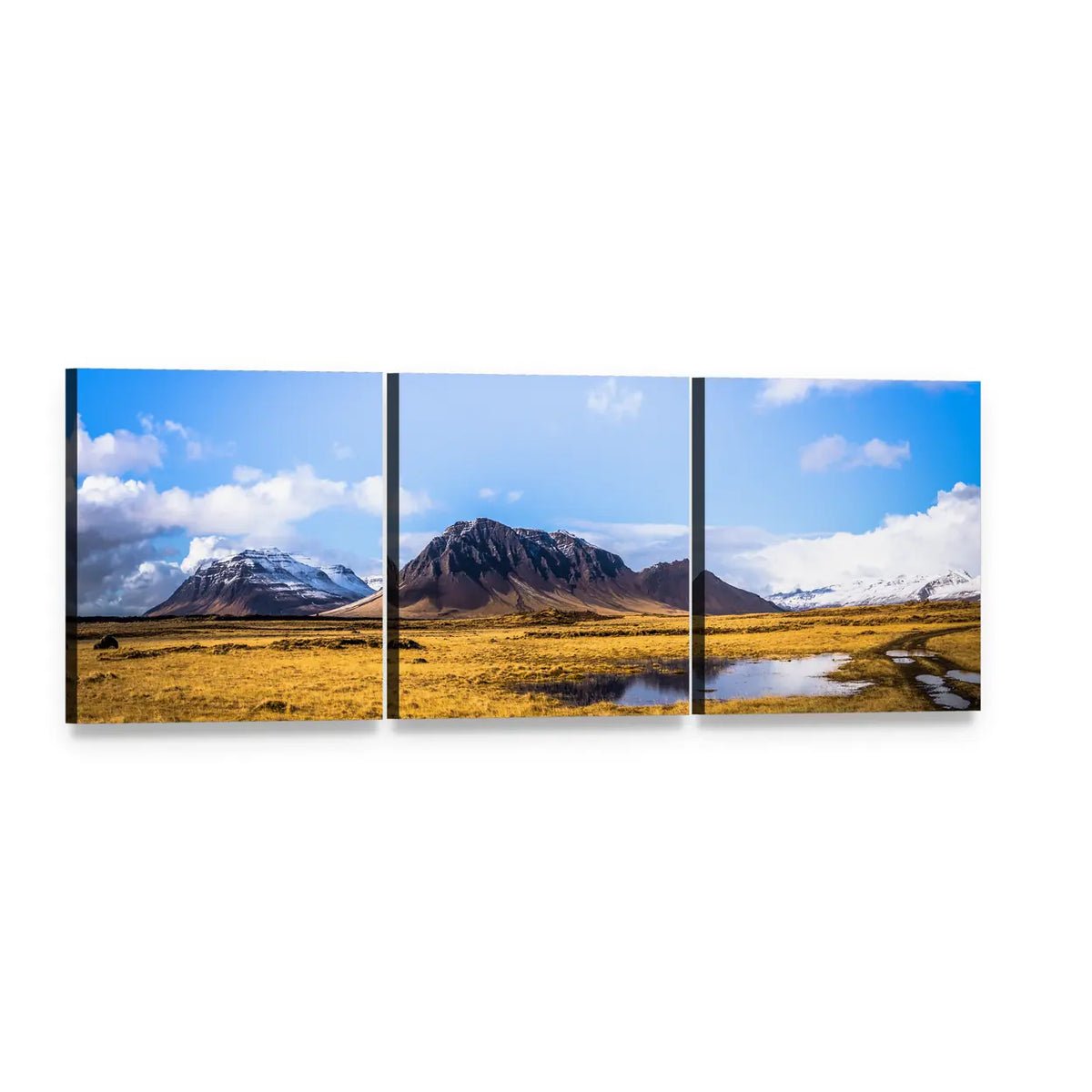 Snaefellsjoekull Snow-capped Mountains and Golden Field Panoramic Canvas Wall Art, 3 panel 3 Piece layout gallery wrapped canvas set, angled product view