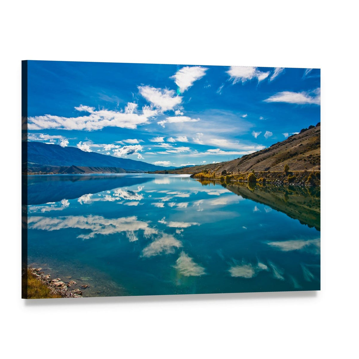 Mountain Lake Reflection Canvas Wall Art, single panel gallery wrapped canvas, angled product view