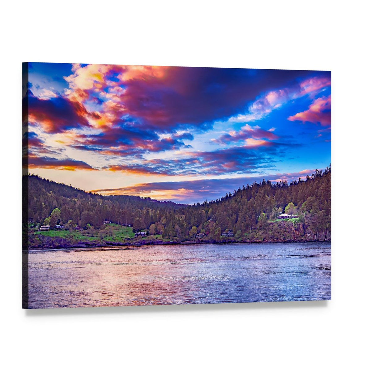 Sunset Lake Landscape with Trees Canvas Wall Art, single panel gallery wrapped canvas, angled product view