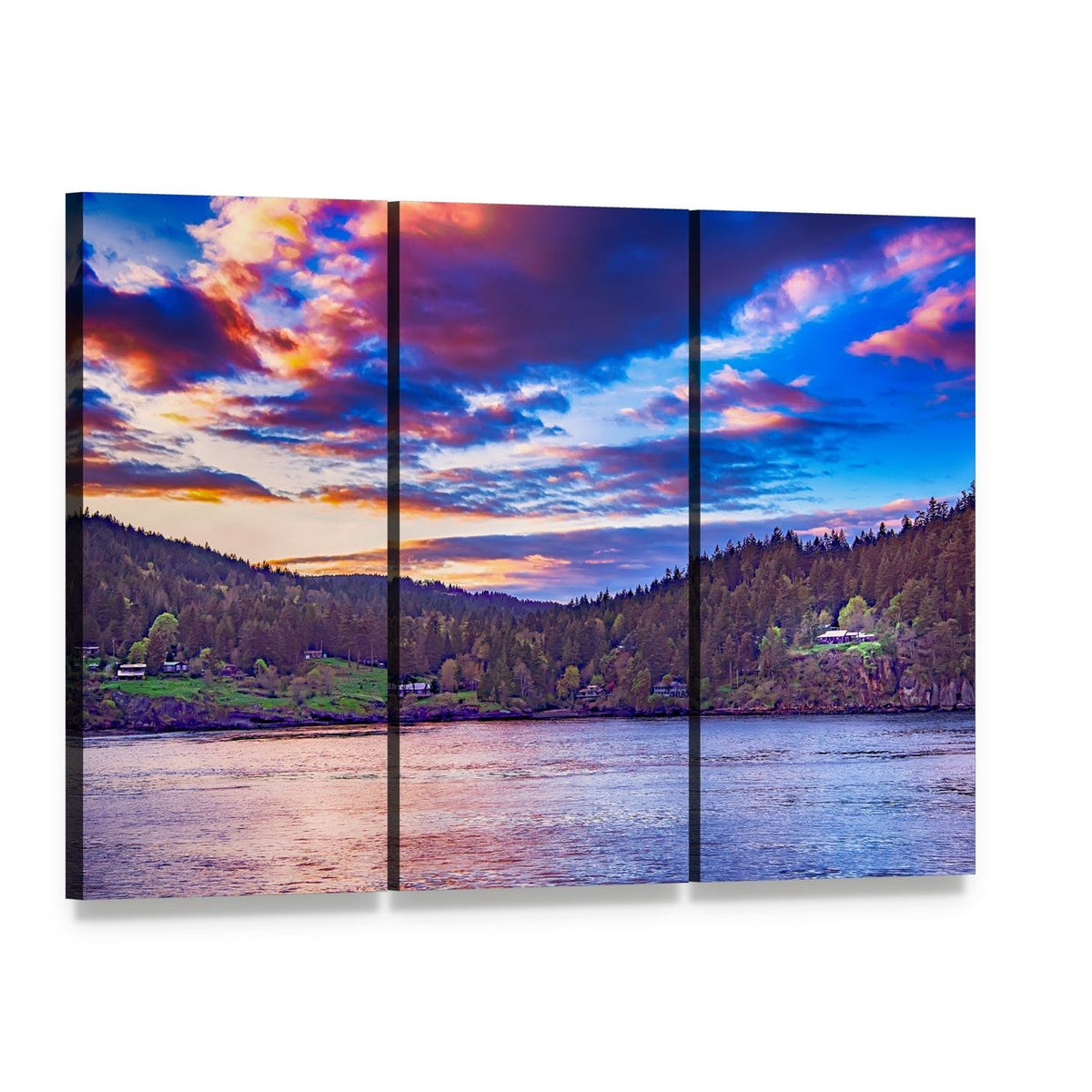 Sunset Lake Landscape with Trees Canvas Wall Art, 3 panel 3 Horizontal layout gallery wrapped canvas set, angled product view