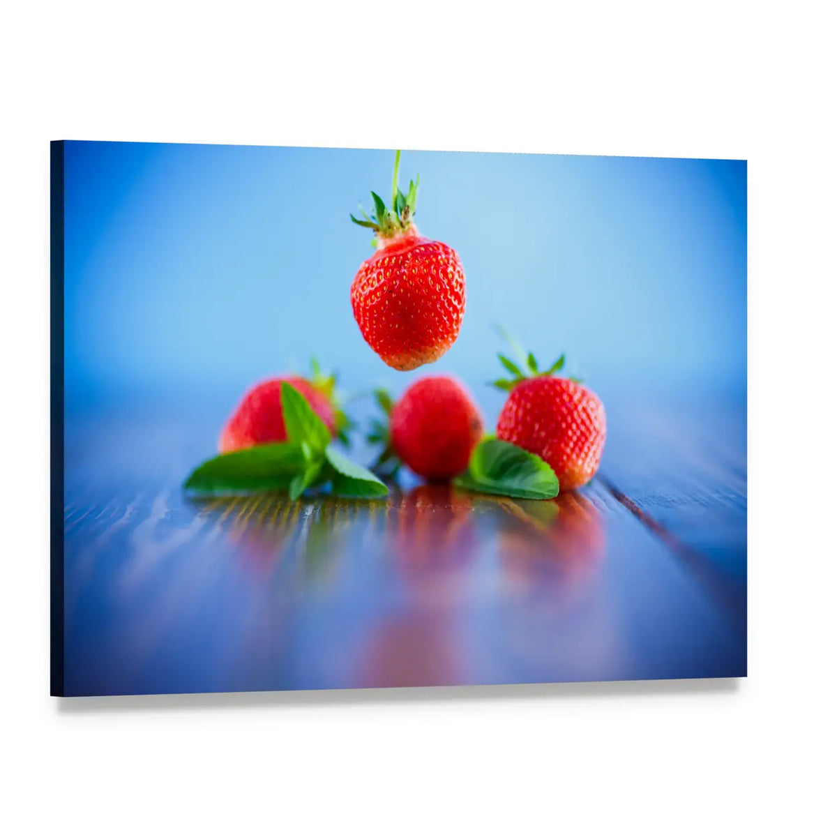 Suspended Ripe Strawberry with Mint Canvas Wall Art, single panel gallery wrapped canvas, angled product view
