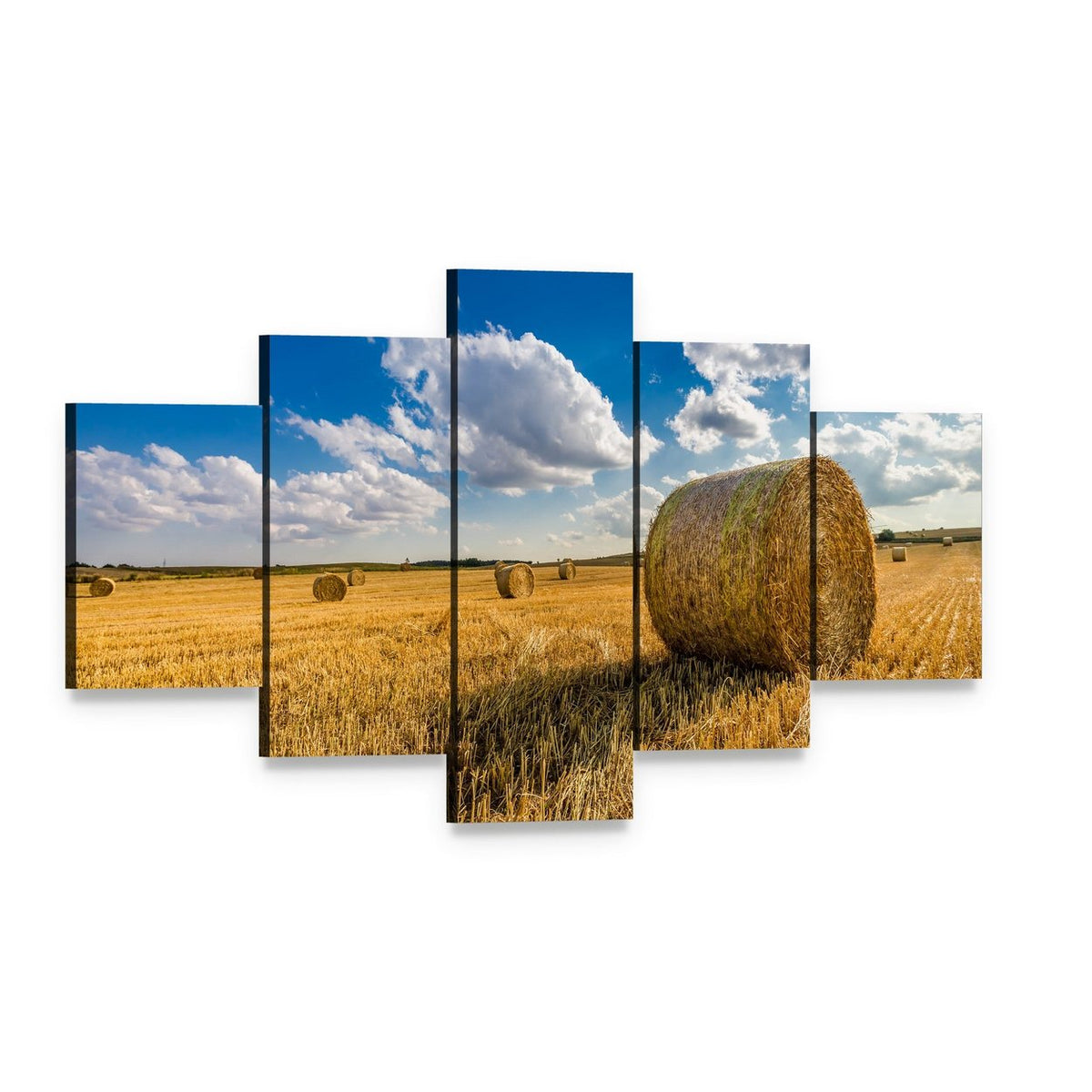 Yellow Hay Bale in a Summer Field Canvas Wall Art, 5 panel 5 Star layout gallery wrapped canvas set, angled product view