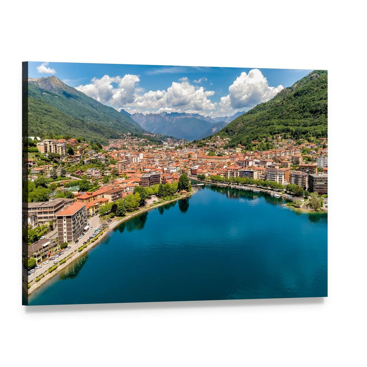 Aerial View of Omegna Lake and Town Canvas Wall Art, single panel gallery wrapped canvas, angled product view