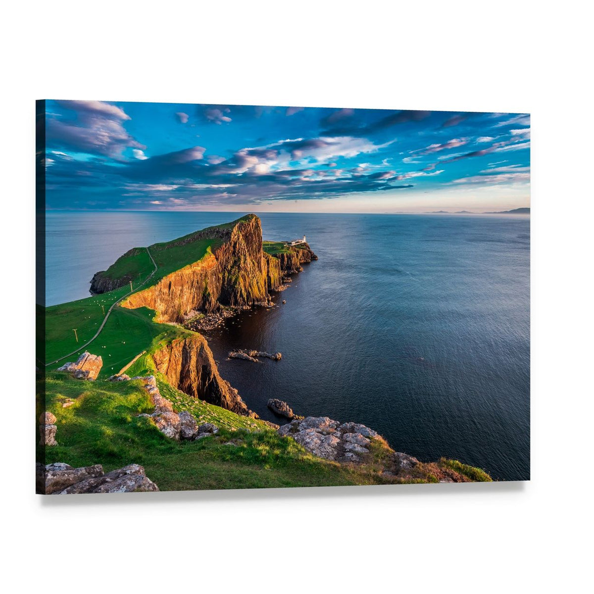 Neist Point Lighthouse at Sunset Canvas Wall Art, single panel gallery wrapped canvas, angled product view