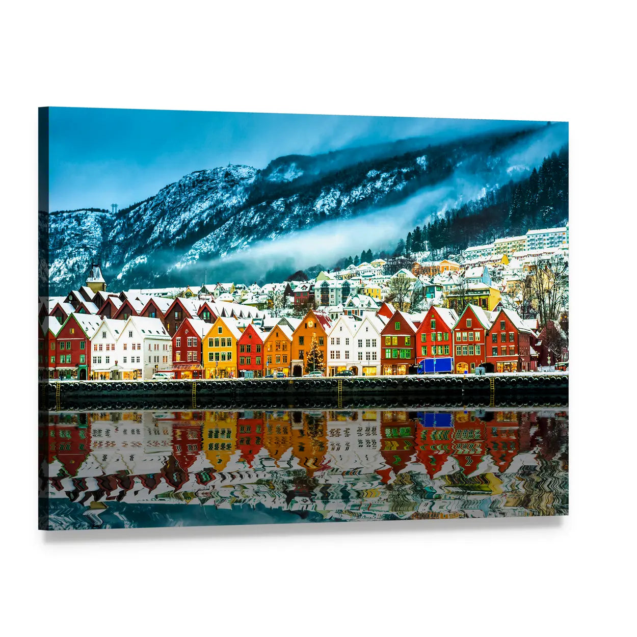 Snowy Bergen Waterfront Reflection Canvas Wall Art, single panel gallery wrapped canvas, angled product view