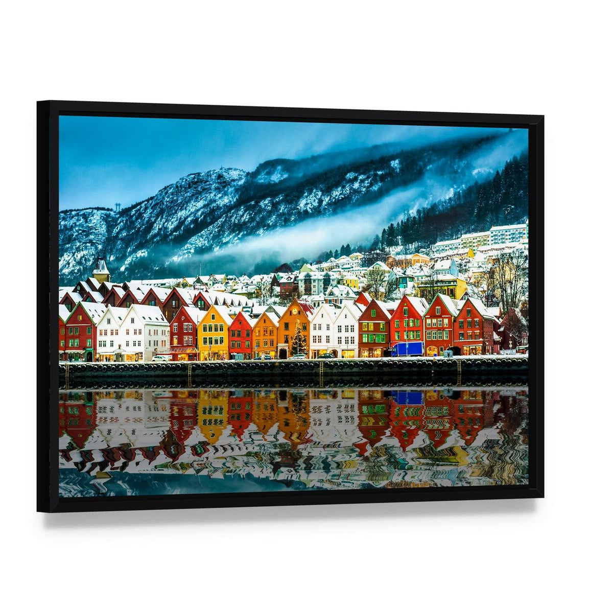 Bergen Waterfront in Winter Canvas Wall Art, framed canvas in a black floater frame, angled product view