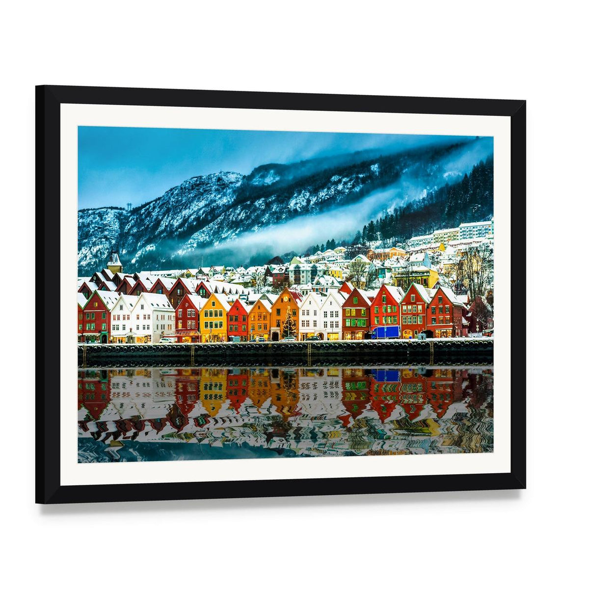 Bergen Waterfront in Winter Canvas Wall Art, framed print with white mat and black frame, angled product view