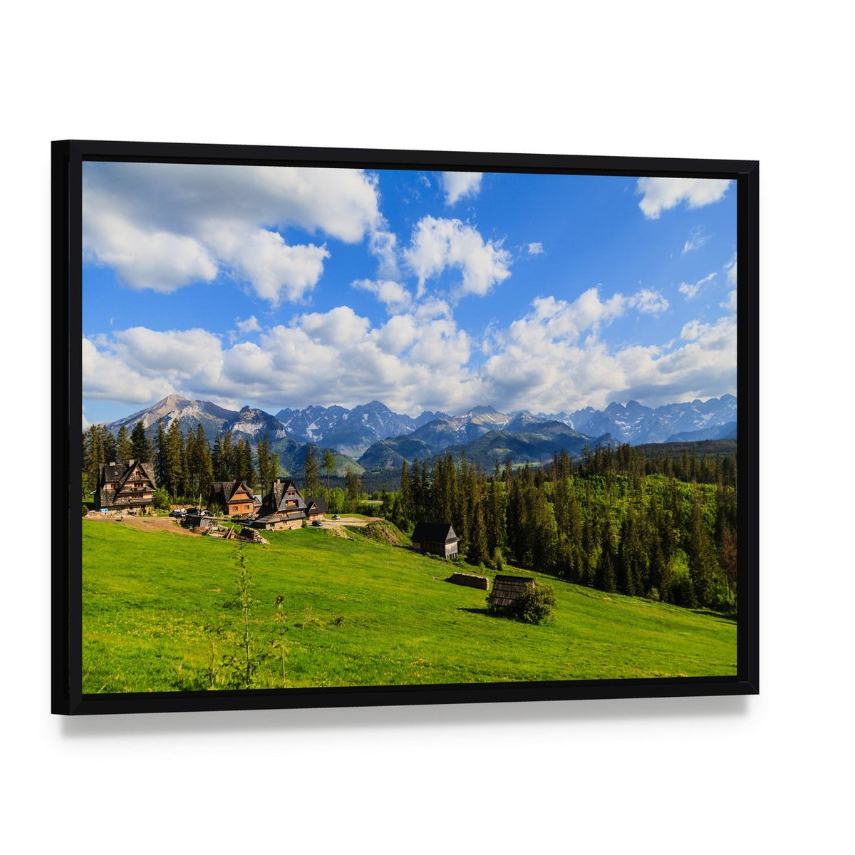 Tatra Mountains in Spring Canvas Wall Art, framed canvas in a black floater frame, angled product view