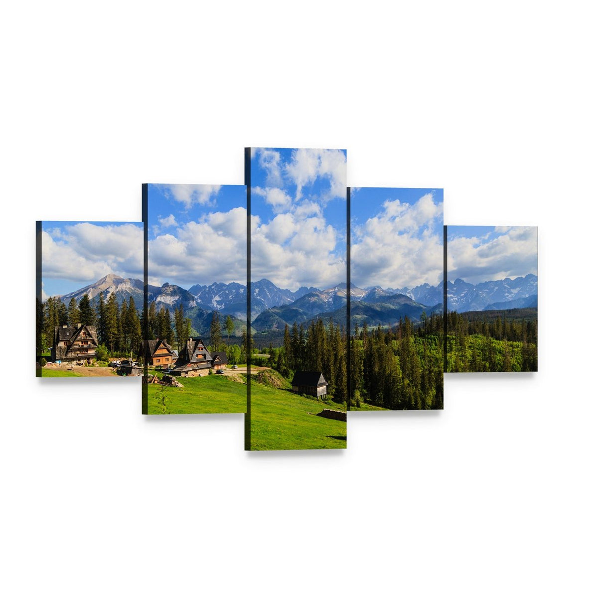 Tatra Mountains in Spring Canvas Wall Art, 5 panel 5 Star layout gallery wrapped canvas set, angled product view