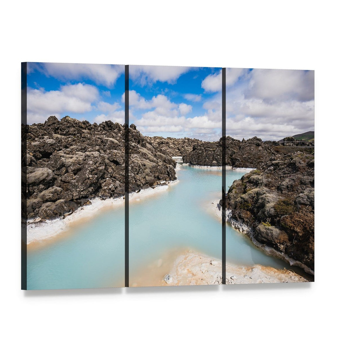 Blue Lagoon Geothermal Pool, Iceland Canvas Wall Art, 3 panel 3 Horizontal layout gallery wrapped canvas set, angled product view