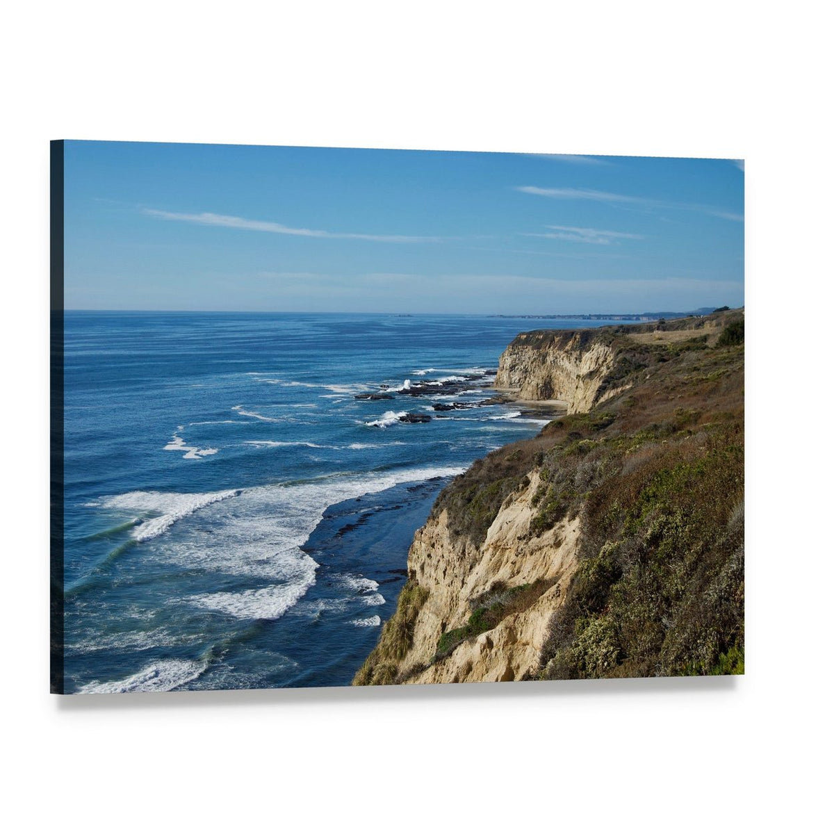 California Coastal Cliffs and Ocean View Canvas Wall Art, single panel gallery wrapped canvas, angled product view