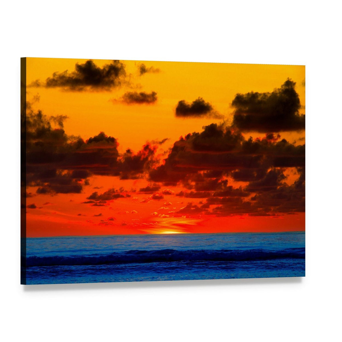 Red Sky Over Ocean Canvas Wall Art, single panel gallery wrapped canvas, angled product view