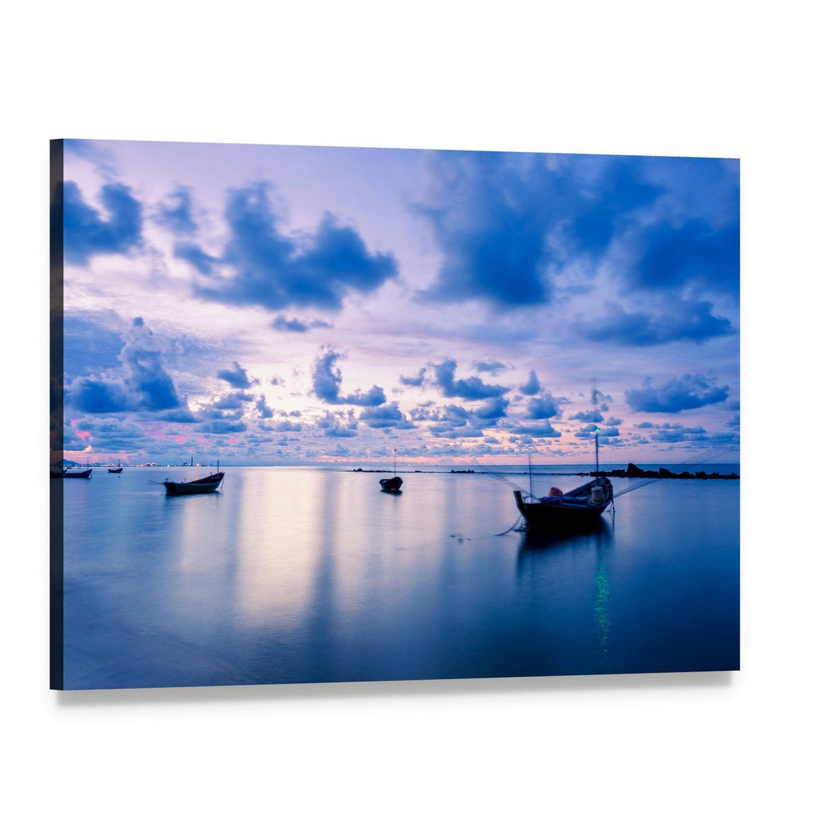 Fishing Boat on Calm Sea at Twilight Canvas Wall Art, single panel gallery wrapped canvas, angled product view