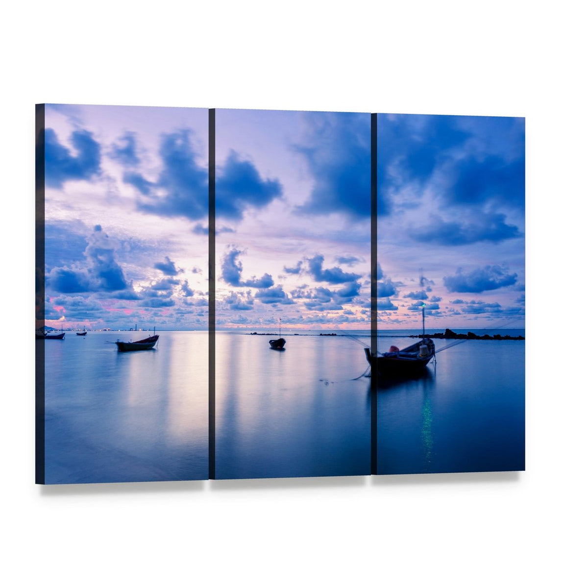 Fishing Boat on Calm Sea at Twilight Canvas Wall Art, 3 panel 3 Horizontal layout gallery wrapped canvas set, angled product view