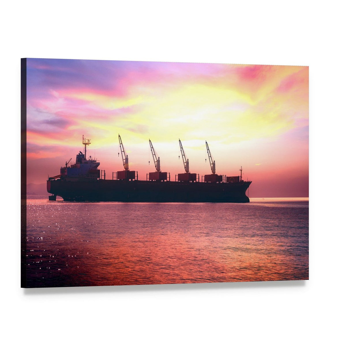 International Cargo Ship at Sunset Canvas Wall Art, single panel gallery wrapped canvas, angled product view