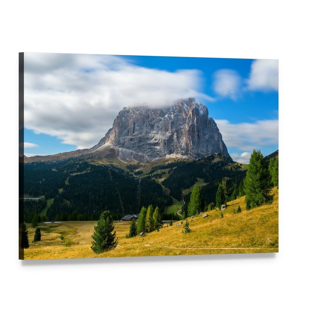 Dolomites Rocky Peak and Meadows Canvas Wall Art, single panel gallery wrapped canvas, angled product view