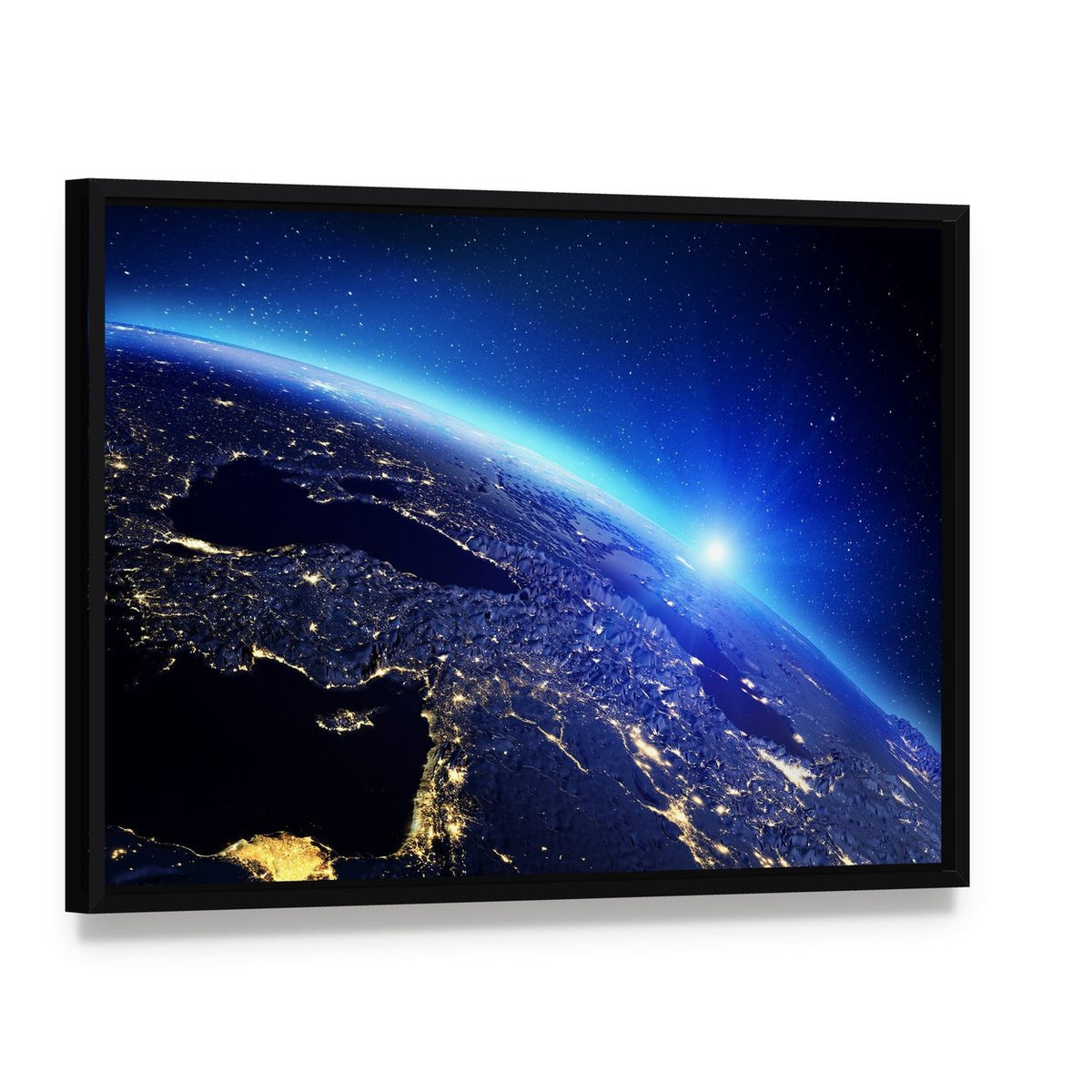 Sunrise Over Earth with City Lights Canvas Wall Art, framed canvas in a black floater frame, angled product view