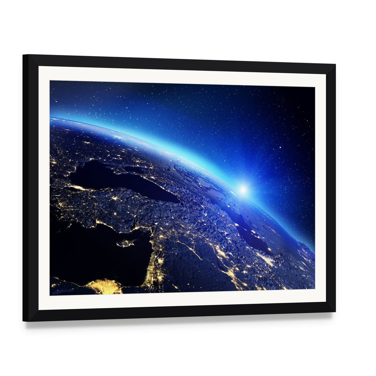 Sunrise Over Earth with City Lights Canvas Wall Art, framed print with white mat and black frame, angled product view