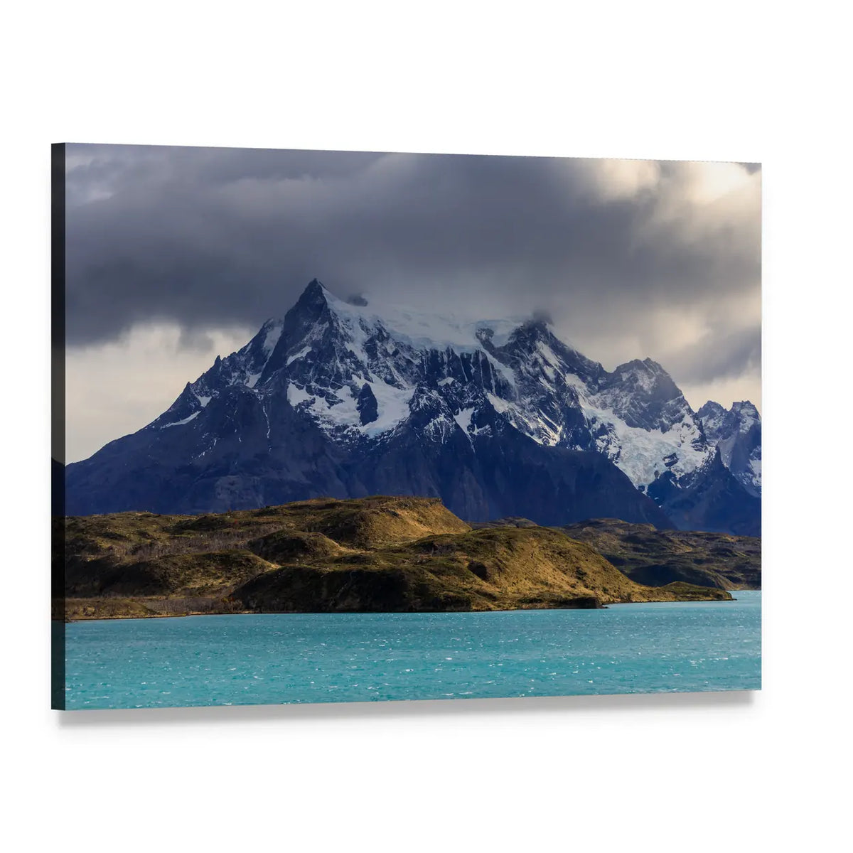Turquoise Glacial Lake with Snow-capped Peaks Canvas Wall Art, single panel gallery wrapped canvas, angled product view