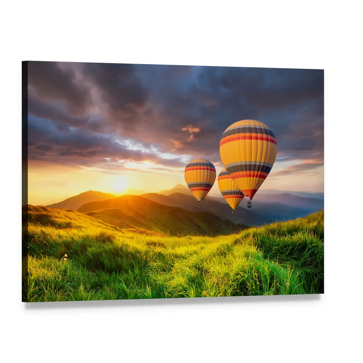 Three Hot Air Balloons Over Mountains Canvas Wall Art, single panel gallery wrapped canvas, angled product view