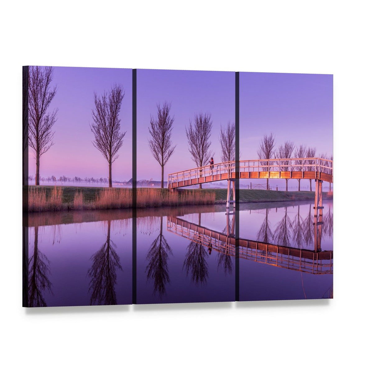 Sunrise on a Canal Bridge in Holland Canvas Wall Art, 3 panel 3 Horizontal layout gallery wrapped canvas set, angled product view