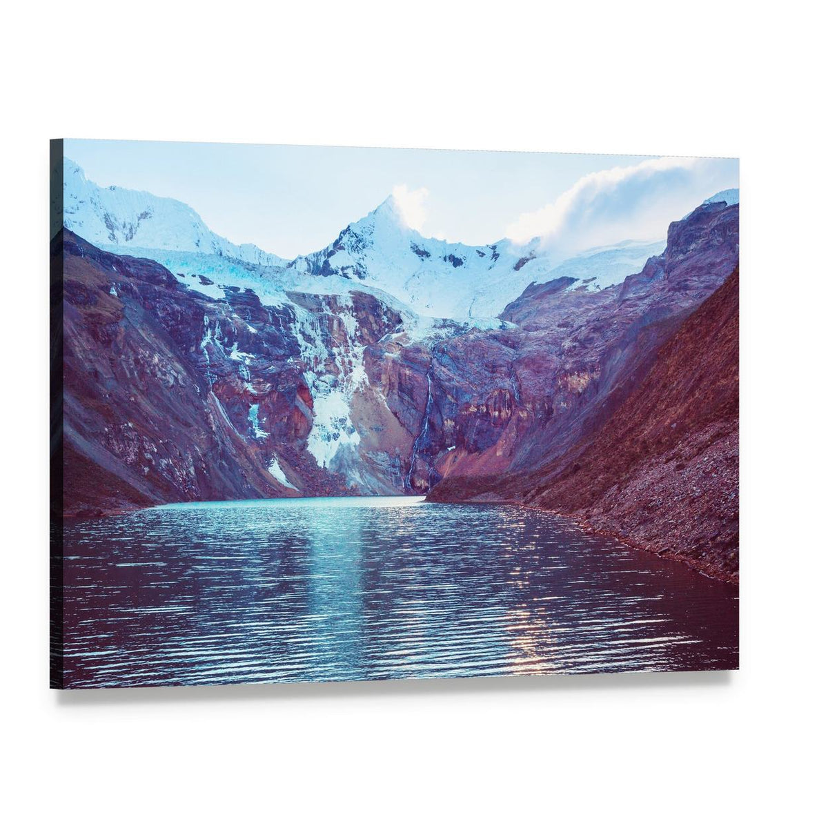 Cordillera Huayhuash Lake and Snow-capped Peaks Canvas Wall Art, single panel gallery wrapped canvas, angled product view