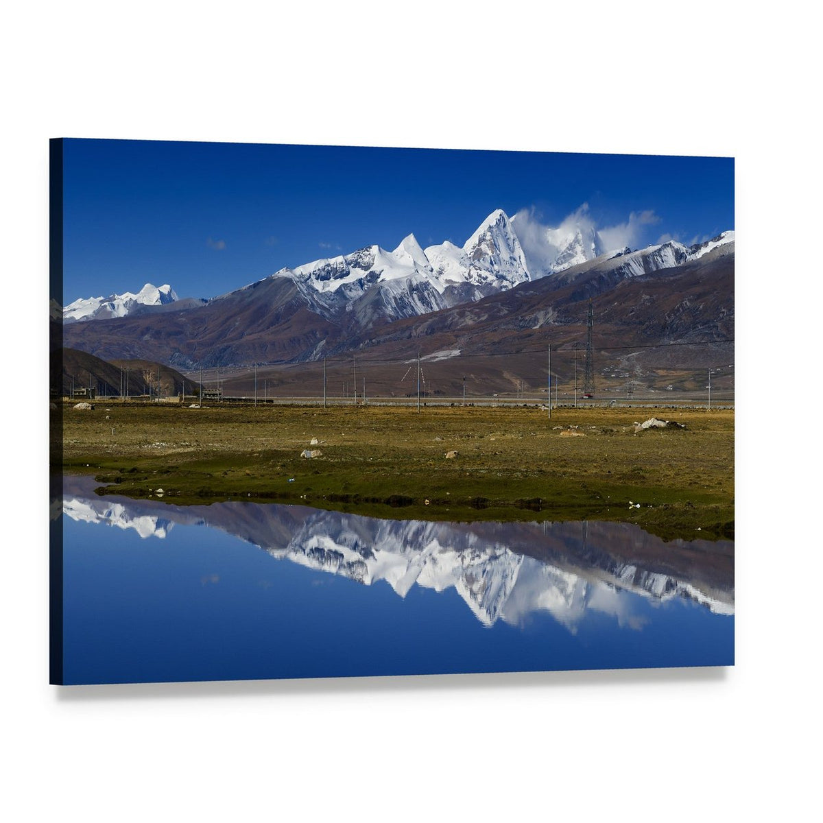 Snow-capped Mountains Reflected in Lake Canvas Wall Art, single panel gallery wrapped canvas, angled product view