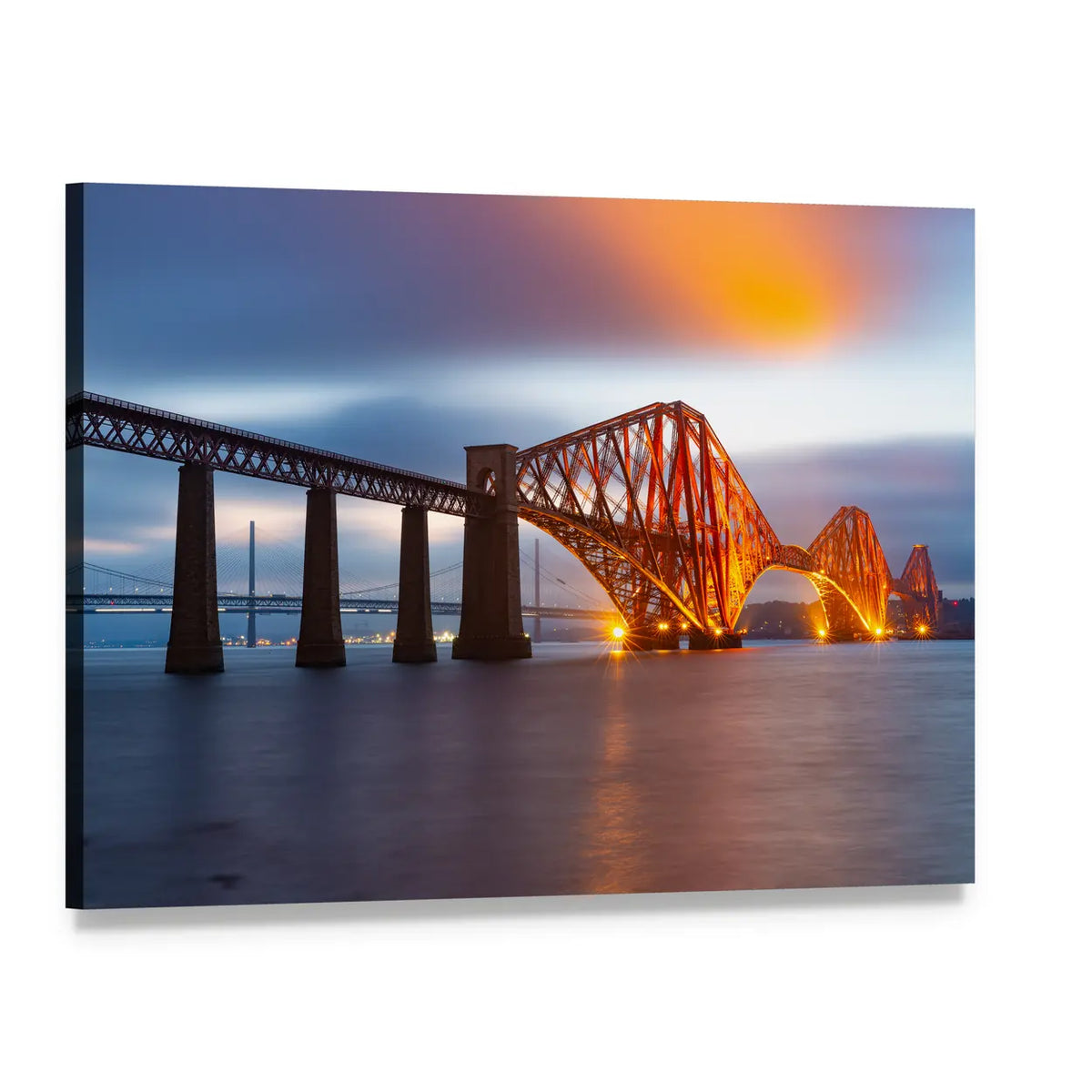 Forth Bridge at Sunset Glow Canvas Wall Art, single panel gallery wrapped canvas, angled product view