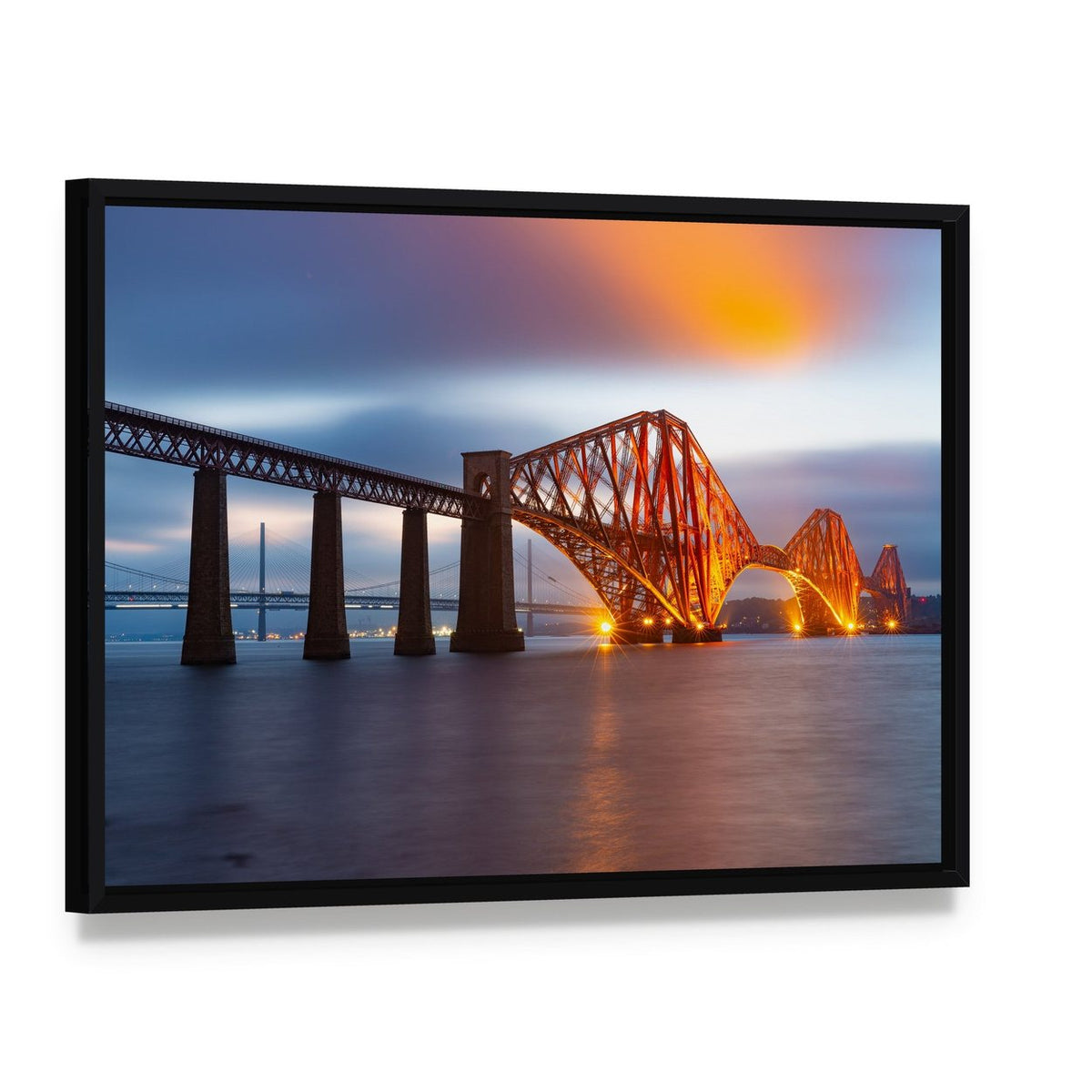 Forth Bridge Scotland Twilight Reflections Canvas Wall Art, framed canvas in a black floater frame, angled product view