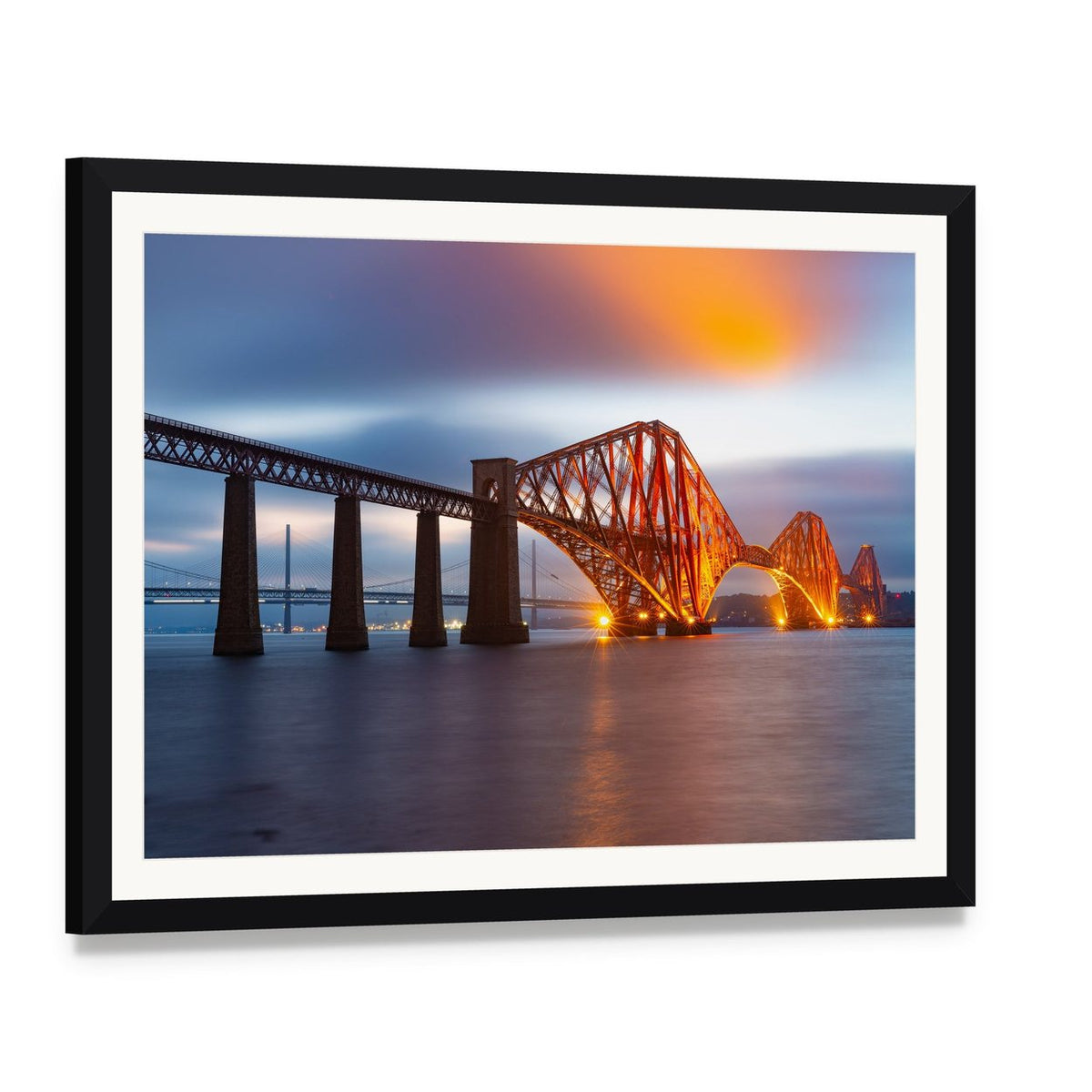 Forth Bridge Scotland Twilight Reflections Canvas Wall Art, framed print with white mat and black frame, angled product view