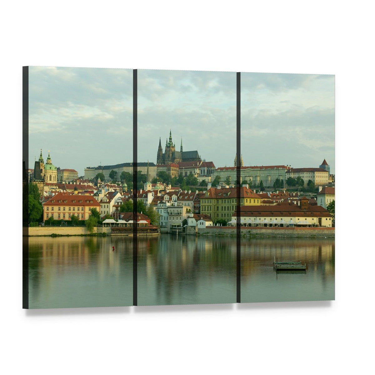 Prague Castle on the Vltava River Canvas Wall Art, 3 panel 3 Horizontal layout gallery wrapped canvas set, angled product view