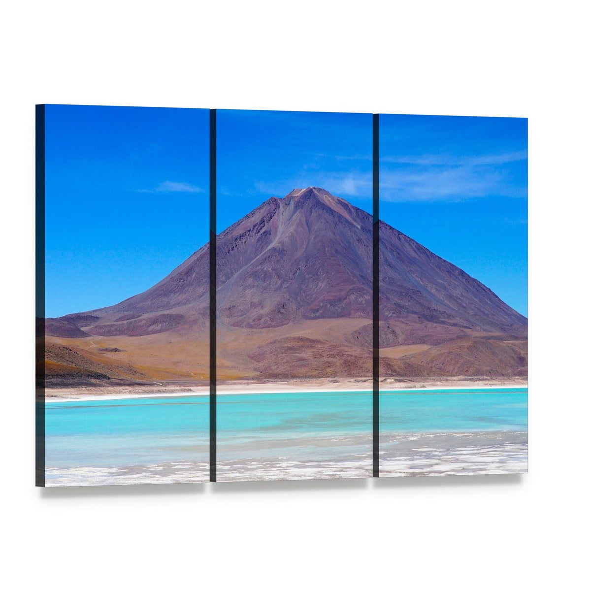 Laguna Verde Bolivia Lake and Volcano Canvas Wall Art, 3 panel 3 Horizontal layout gallery wrapped canvas set, angled product view