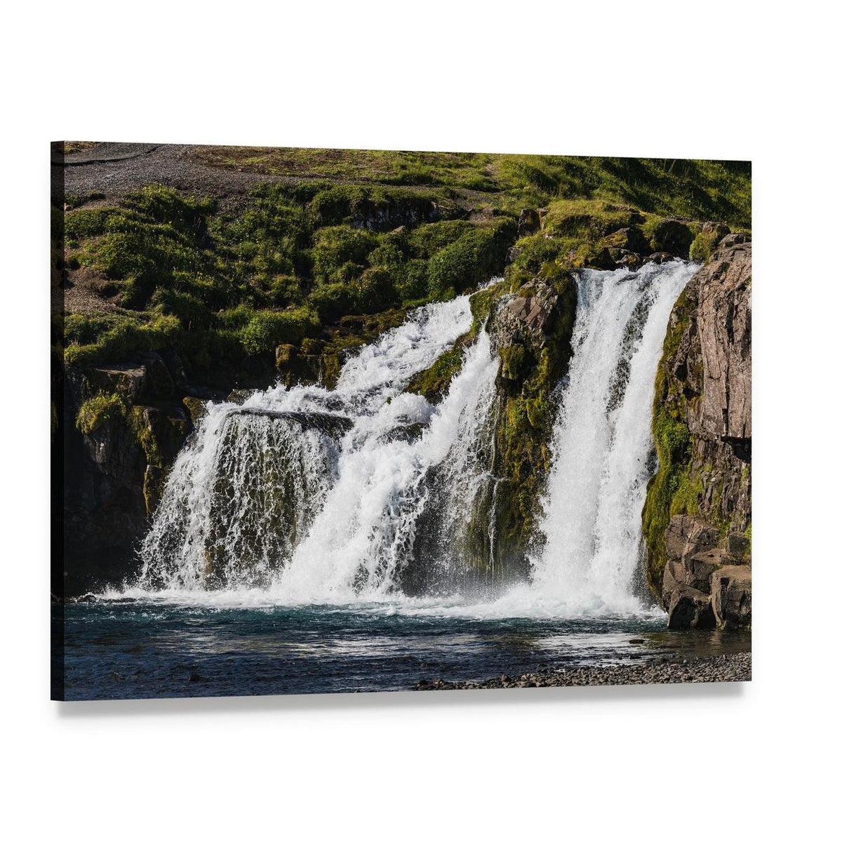 Iceland Waterfall Canvas Wall Art, single panel gallery wrapped canvas, angled product view