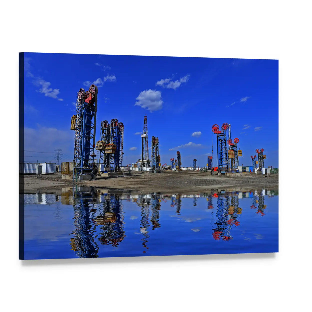Oil Pumpjacks with Mirror-like Reflection Canvas Wall Art, single panel gallery wrapped canvas, angled product view