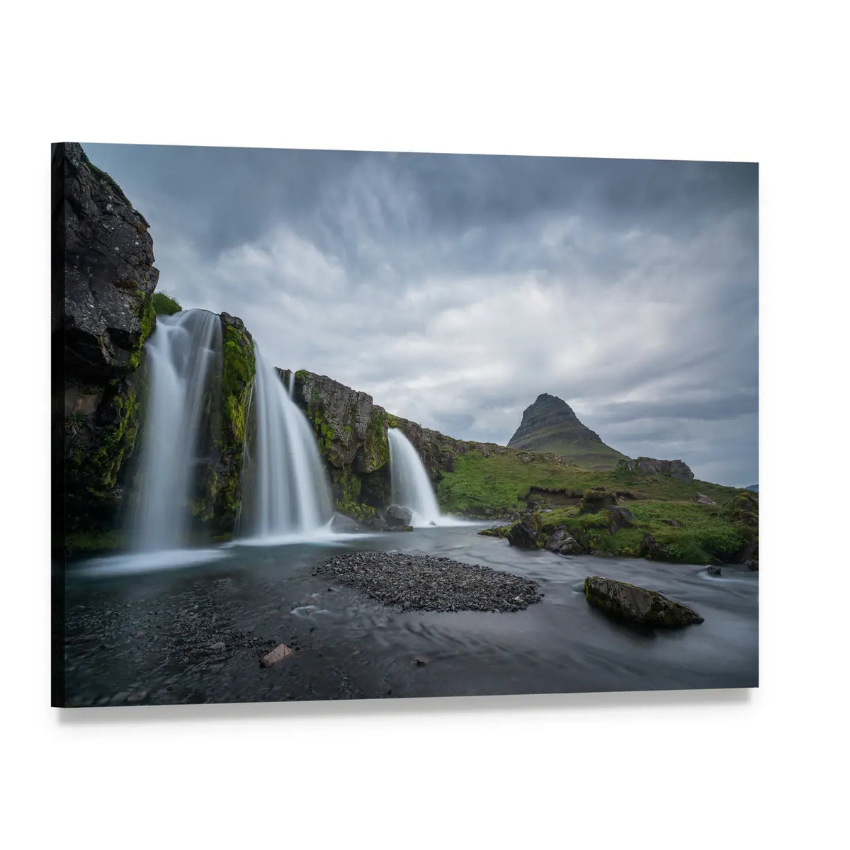 Kirkjufellsfoss on Cloudy Day Canvas Wall Art, single panel gallery wrapped canvas, angled product view