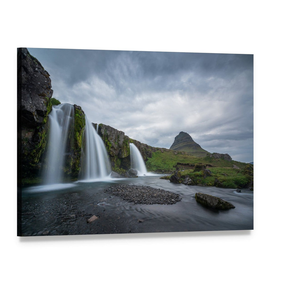Kirkjufellsfoss Cloudy Day Waterfall Canvas Wall Art, single panel gallery wrapped canvas, angled product view