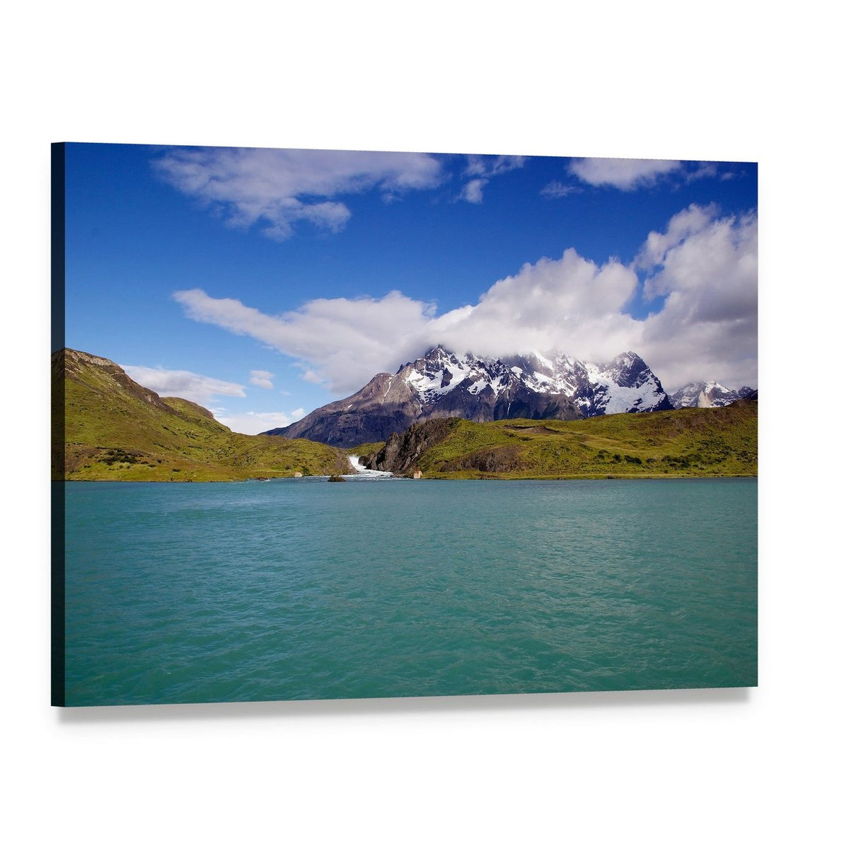 Mountains and Pehoe River Canvas Wall Art, single panel gallery wrapped canvas, angled product view