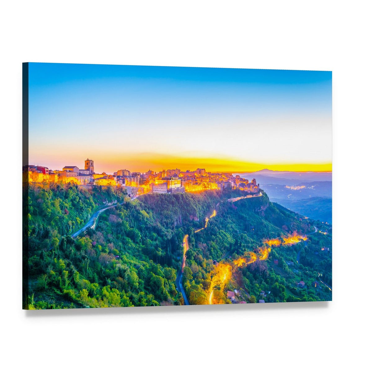 Enna Town at Dusk Canvas Wall Art, single panel gallery wrapped canvas, angled product view