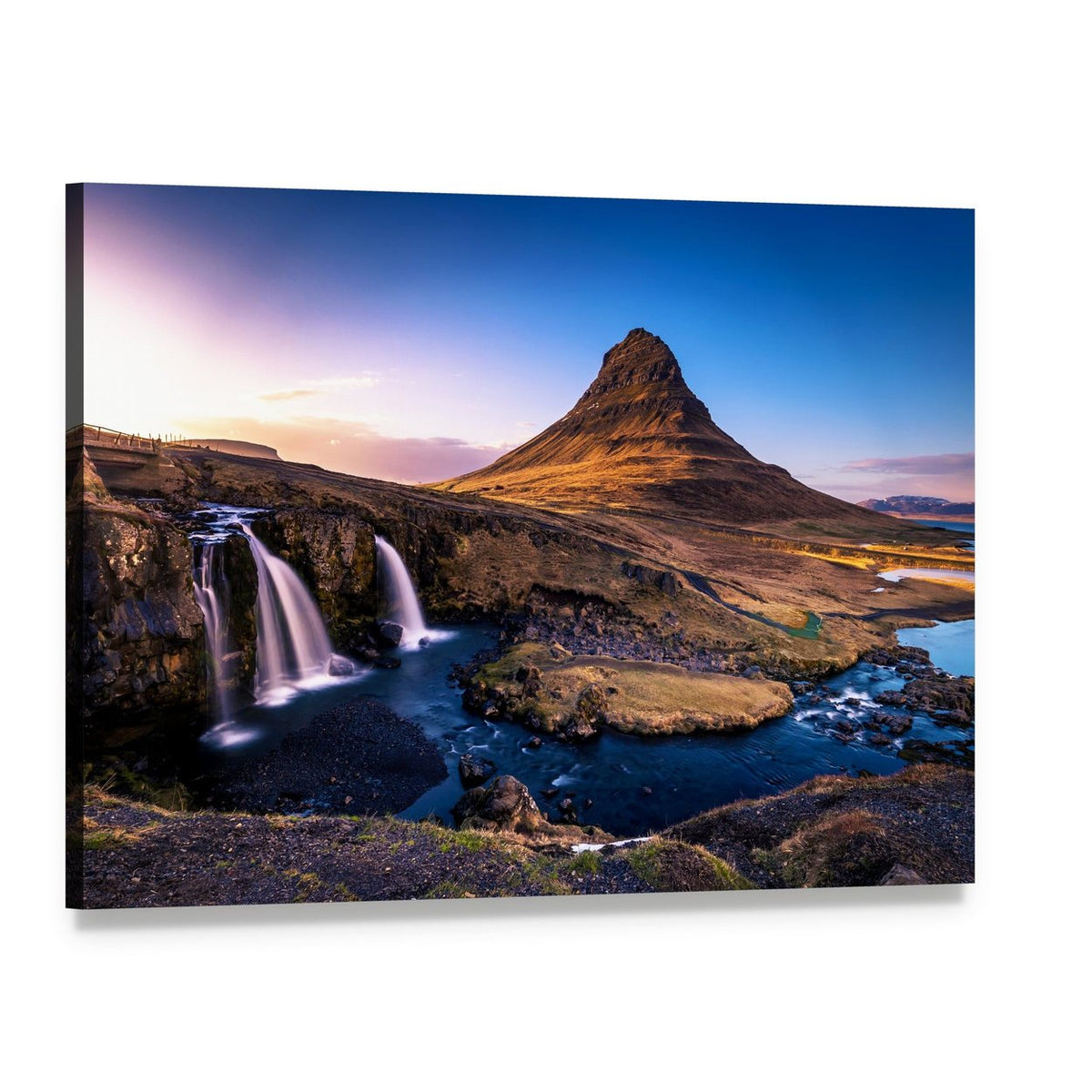 Kirkjufell Waterfall at Sunset Canvas Wall Art, single panel gallery wrapped canvas, angled product view
