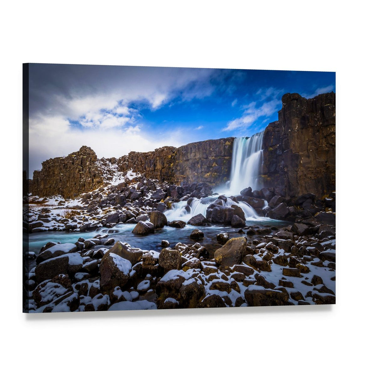 Oxararfoss Waterfall Canvas Wall Art, single panel gallery wrapped canvas, angled product view