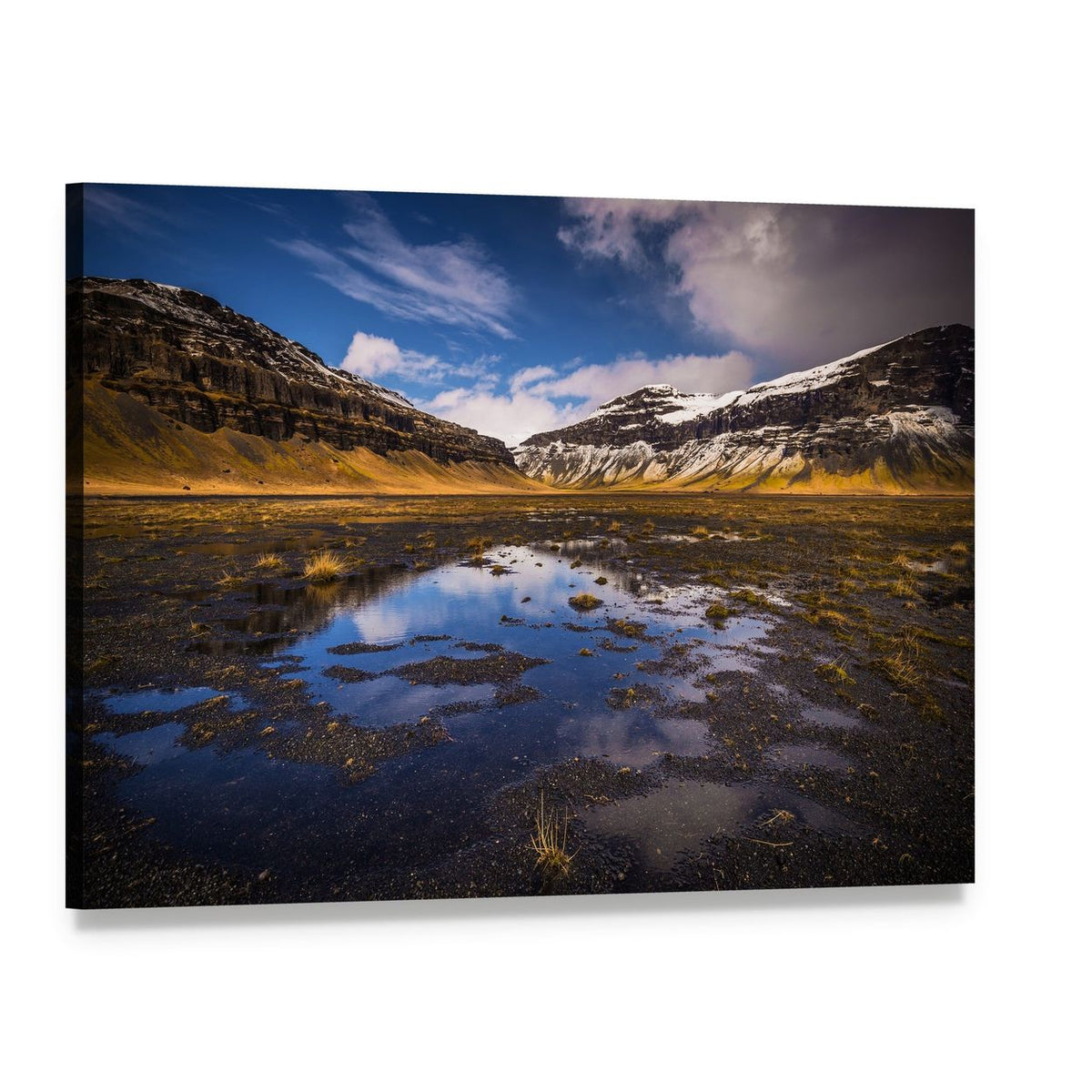 Iceland Mountain Valley with Water Reflection Canvas Wall Art, single panel gallery wrapped canvas, angled product view