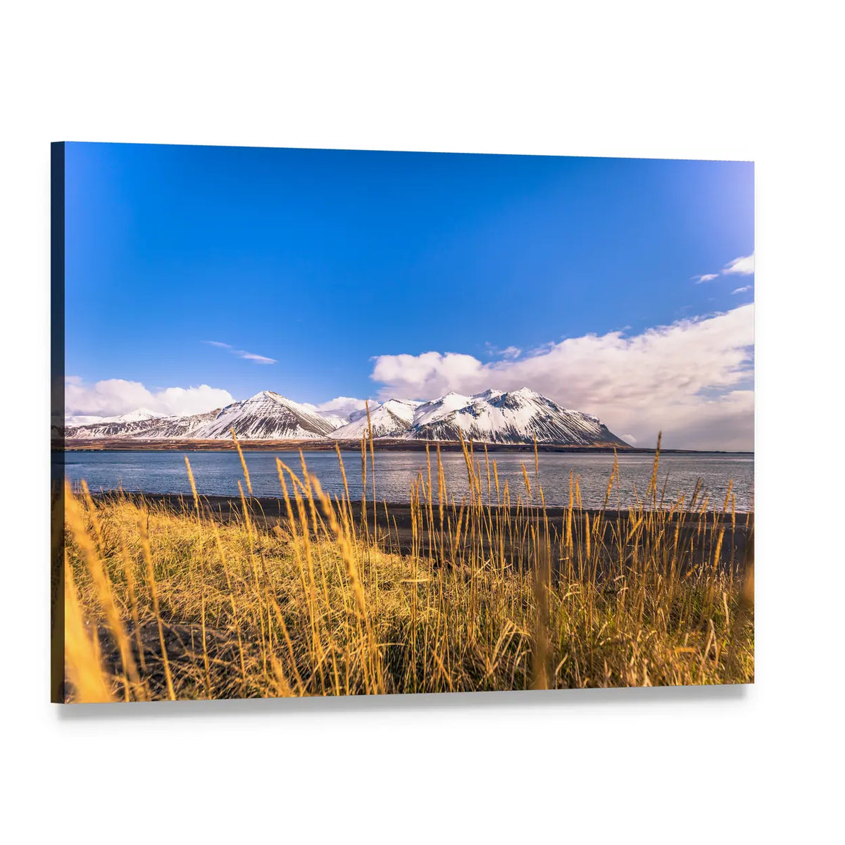 Snaefellsjoekull Snow-capped Mountains and Reeds Canvas Wall Art, single panel gallery wrapped canvas, angled product view