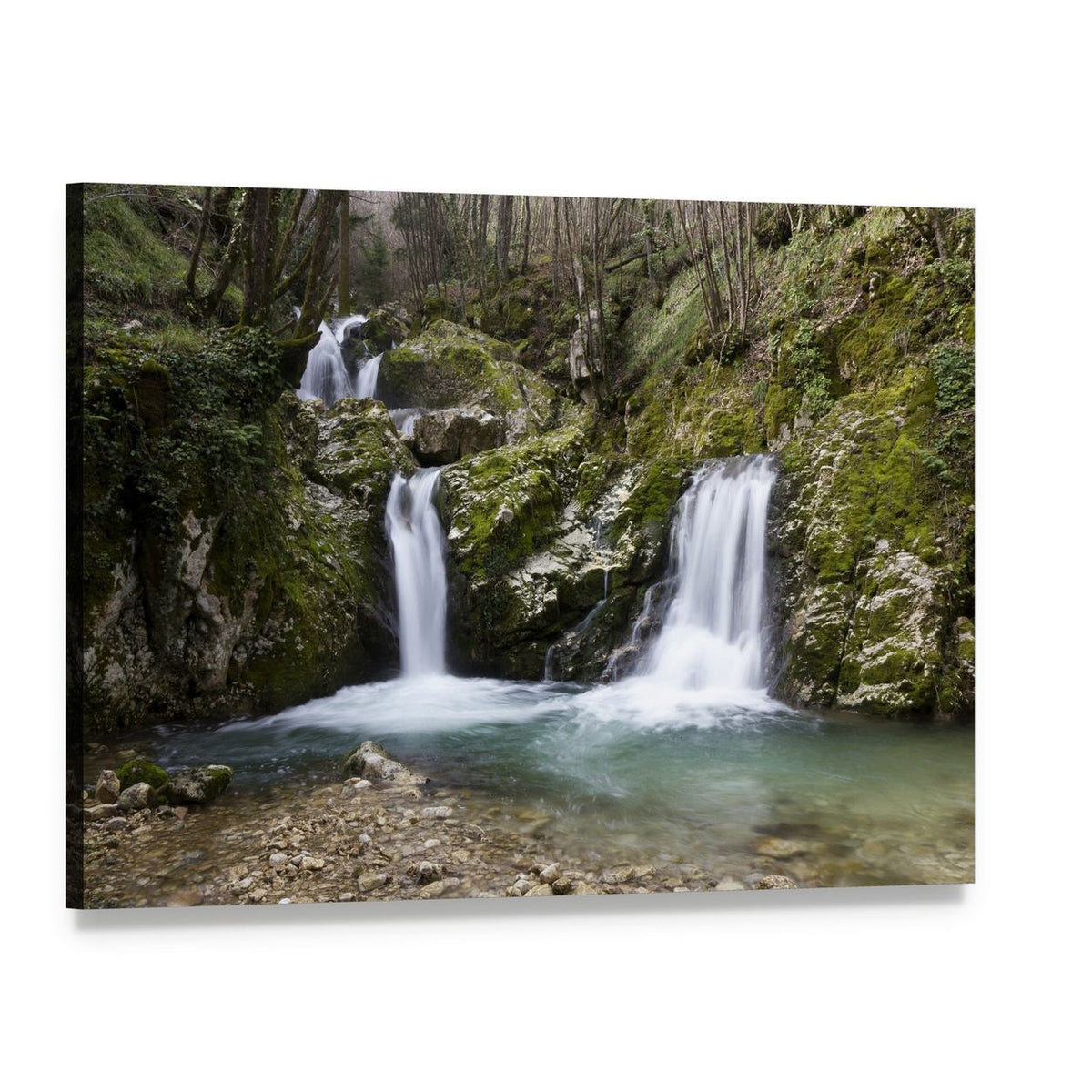 Multi-tier Waterfall with Moss-covered Rocks Canvas Wall Art, single panel gallery wrapped canvas, angled product view