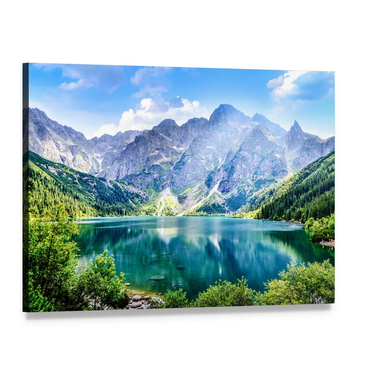 Alpine Lake with Snow-capped Peaks Canvas Wall Art, single panel gallery wrapped canvas, angled product view